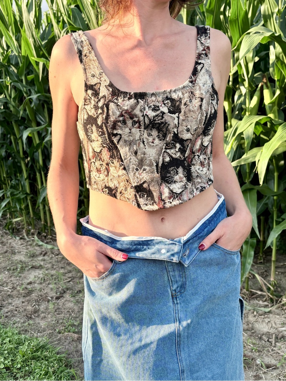 Cat Print Tapestry Crop Top - Brown Multi